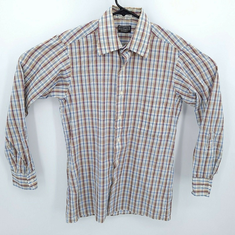 Via Europa Shirt Mens 15 Brown Plaid Long Sleeve Vintage Bloomingdales‎